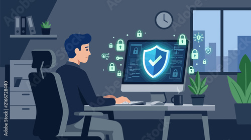 This sophisticated flat design illustration depicts a professional ensuring corporate cybersecurity, surrounded by protective icons.