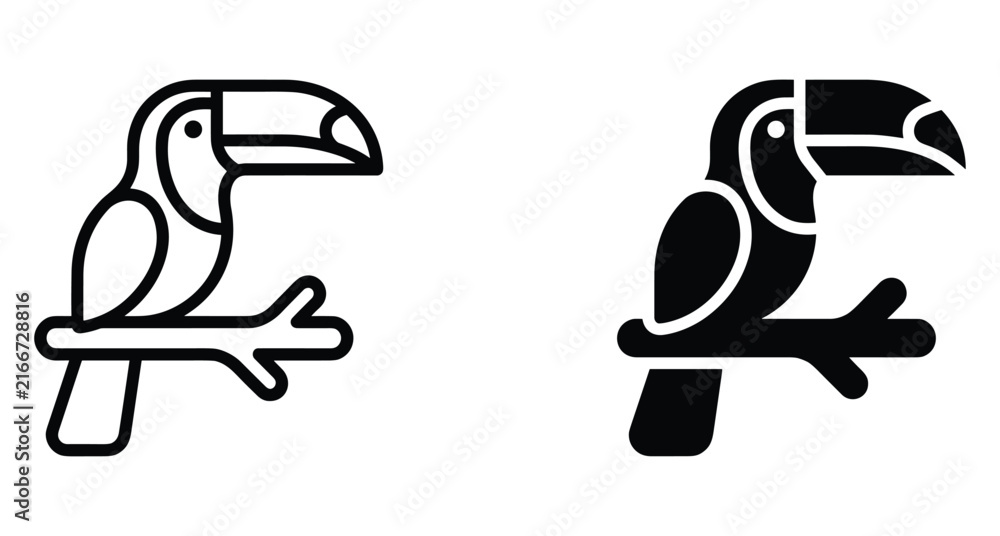 Naklejka premium Toucan bird icon set featuring outline and solid glyph styles perched on a branch for nature wildlife and tropical design