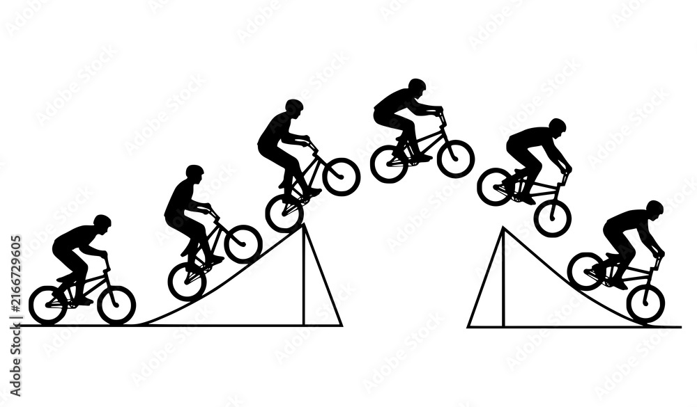 Fototapeta premium BMX Bicycle Stunt Jump Black Silhouette Sequence, Cyclist Ramp Trick Vector Illustration