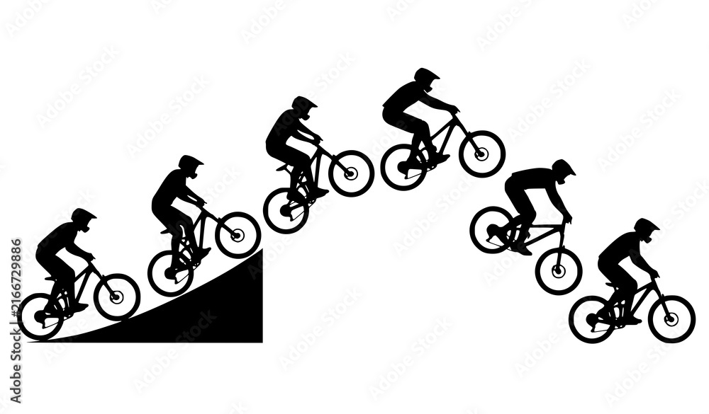 Fototapeta premium Extreme BMX Cyclist Jump Progression Black Silhouette Vector Set, Six Trick Phases