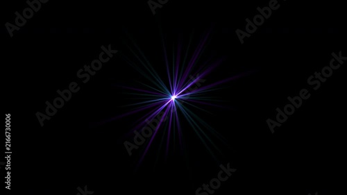 Motion graphics overlay of shining optical flare and purple star light beam sparkle with alpha channel. VFX light ray overlay with transparent background