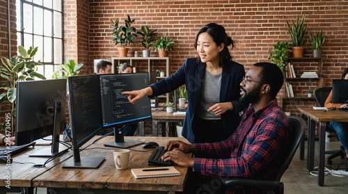 Diverse colleagues collaborating on code in a modern tech office setting