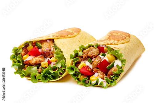 Two chicken lettuce wraps with grilled chicken diced tomato cucumber and creamy sauce on white background, with wrap, chicken, lettuce, tomato detail, showing cucumber, tortilla, grilled, diced