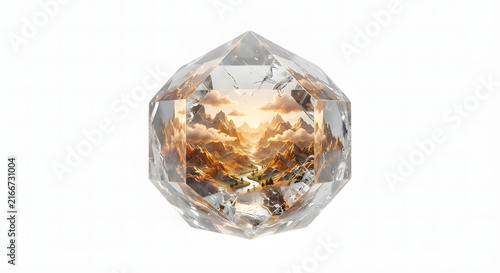 Faceted clear quartz crystal containing a majestic mountain valley landscape inside.