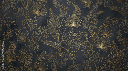 Luxury golden tropical leaves line art background with metallic gold monstera foliage, fan palm fronds, and botanical fern outlines drawn on a dark charcoal textured wall.