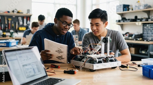 Diverse high school students building a robot in a technology class