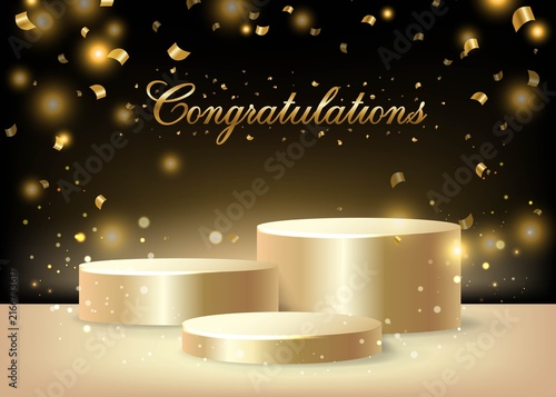 Realistic Golden Podium And Glitter With Confetti