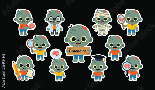 Foto Set of cute cartoon zombie stickers with various school and science accessories