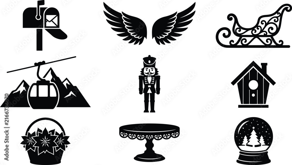 Naklejka premium Christmas graphic icon set with black silhouettes for festive holiday projects and winter crafts.