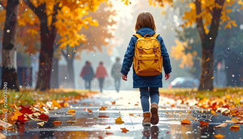 Child walking to school during autumn season