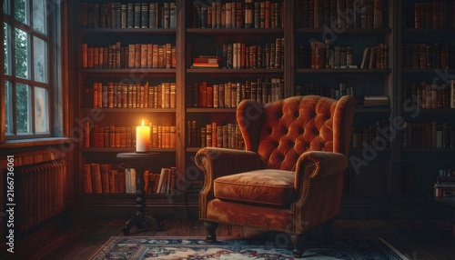 Cozy library corner with armchair, books, and candle light
