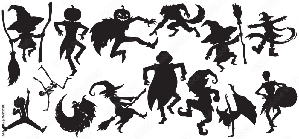 Fototapeta premium Halloween Silhouettes Witch Pumpkin Werewolf Ghost Skeleton Icons
