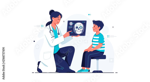 Medical Professional Explaining Skull Scan Results To A Young Patient During Appointment