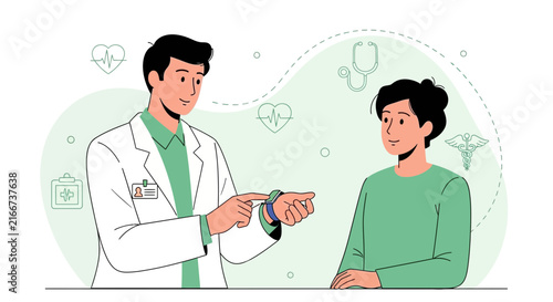 Medical Professional Explaining Smartwatch Data to a Patient in a Modern Illustration