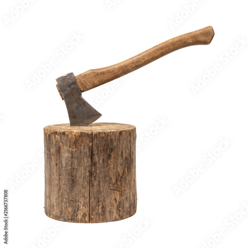 Принти на полотні Old wooden chopping block with an axe embedded in it, ready for work