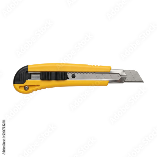 Konstfotografi Yellow utility knife with a sharp metal blade and retractable mechanism