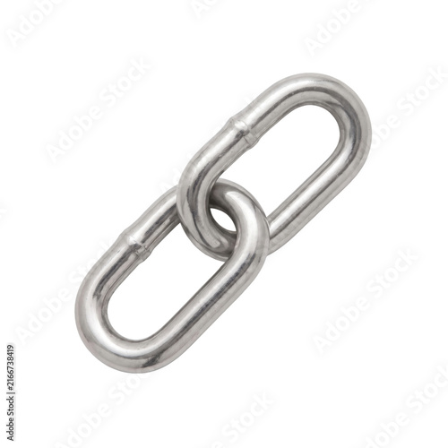 Obraz na płótnie Close-up of two interlocking metal chain links on a white background