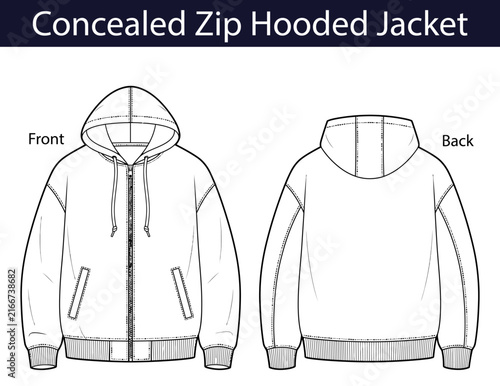 Concealed zip hooded jacket technical fashion illustration. Covered placket hoodie vector template with welt pockets, elastic cuffs, rib knit hem, front and back view, CAD apparel design