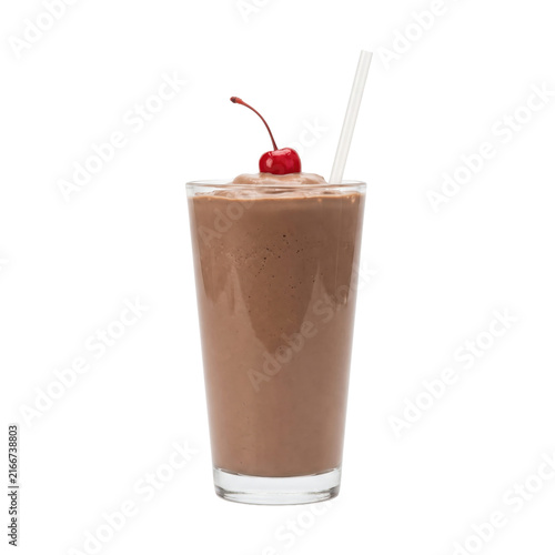 Bild auf Leinwand Delicious chocolate milkshake topped with a maraschino cherry and straw