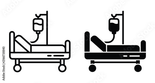 Hospital bed icon set with intravenous drip bag for medical treatment clinic patient care healthcare services and emergency room equipment
