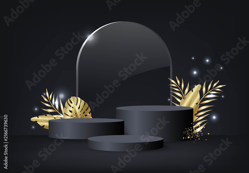 Golden Palm Leaves With Podium Black Background