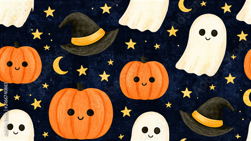 Playful Hand Painted Halloween Pattern, Cute Ghost Pumpkin Witch Cat Moon Seamless Design, Spooky Autumn Watercolor Background, Festive Trick or Treat Decoration Wrapping Paper Fabric Print