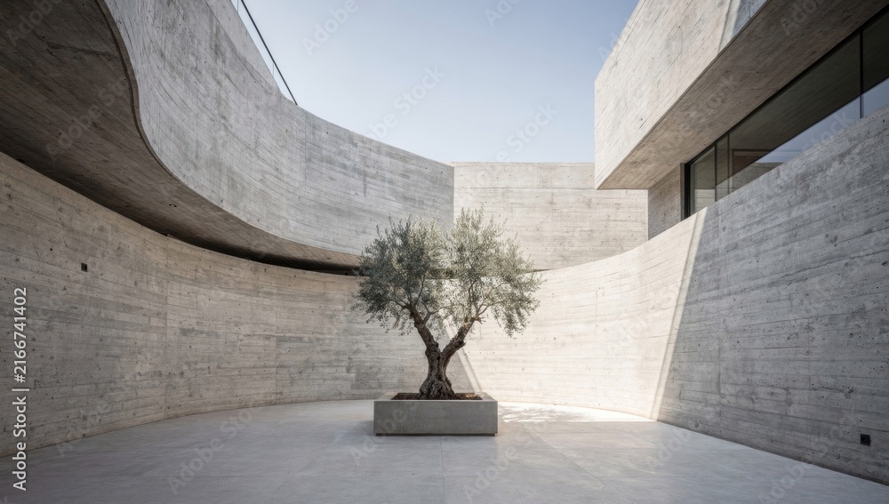 Fototapeta premium Olive tree planted in a modern minimalist concrete courtyard