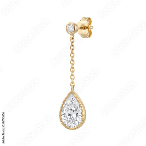 Photography Elegant gold dangle earring with a pear-shaped diamond and a small round diamond