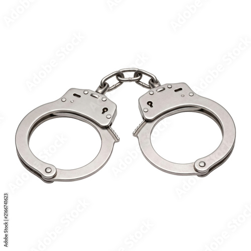 Bild auf Leinwand Close-up of a pair of silver metal handcuffs on a white background
