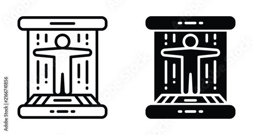 Full body scanner icon set showing human figure inside security portal for airport safety medical imaging and futuristic teleportation technology