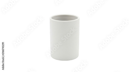 Simple white ceramic cylindrical cup isolated on transparent background for product mockups and design projects