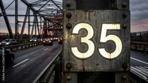 Busy Urban Bridge At Dusk With Large Number Sign