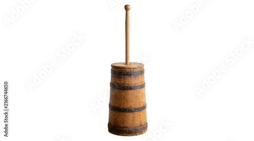 Antique wooden butter churn isolated on transparent background for rustic kitchen decor and traditional food production