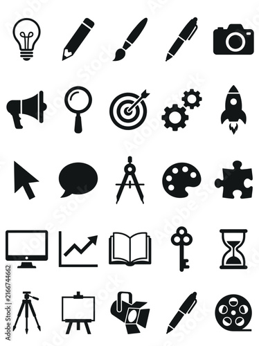 Creative Design Tools and Business Vector Black Icon Set Collection