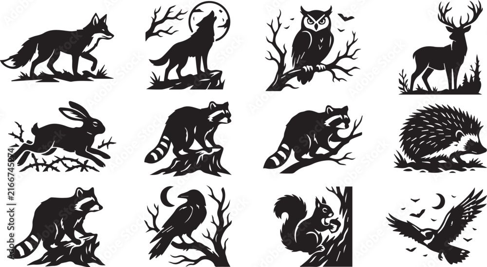 Fototapeta premium Wild woodland forest animals black linocut silhouette icon set vector illustration