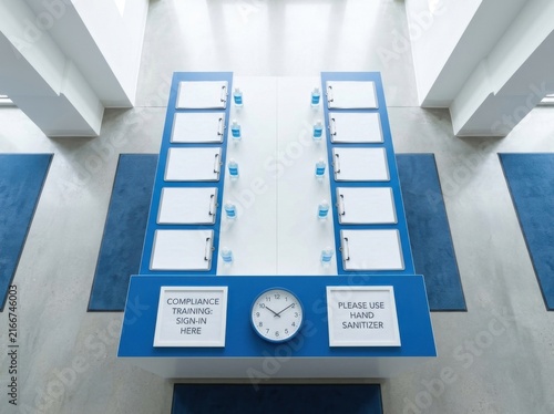 Business Meeting Preparation Sign In Desk With Sanitizer And Clock Arrangement