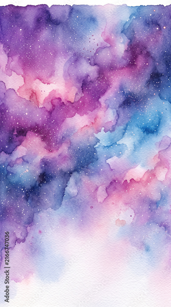 Fototapeta premium Purple Pink Watercolor Galaxy Texture Background with Cosmic Gradient Clouds, Artistic Ink Wash and Dreamy Abstract Wallpaper