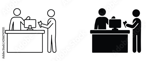 Office and business people icon set featuring reception, waiting area, customer service and professional workplace workers.