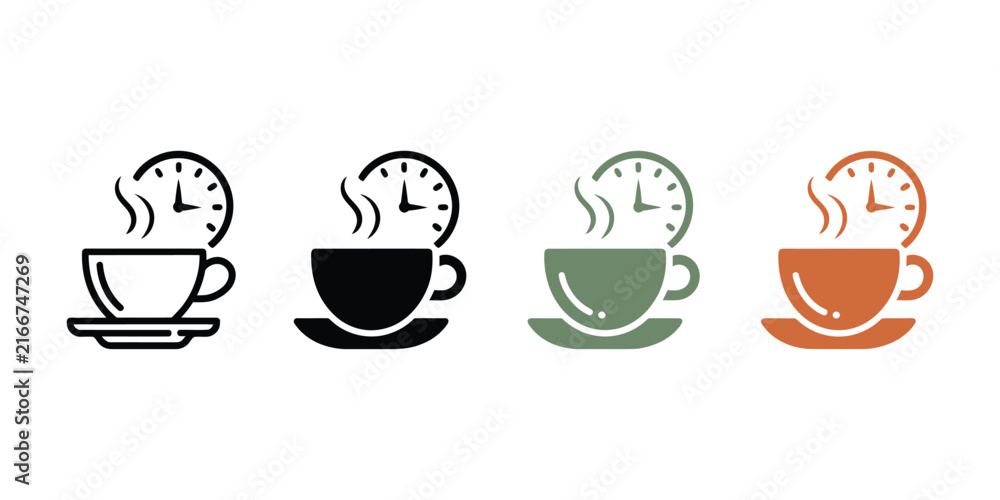 Obraz premium Coffee time icon set, steaming cups with clock faces in multiple color styles for digital interfaces packaging and printable artwork