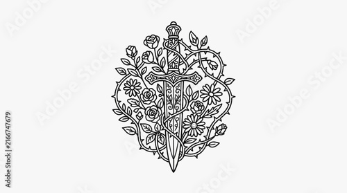 Bild auf Leinwand Black and white vector illustration of an ornate medieval dagger entwined with thorny rose vines and blooming daisies, featuring intricate filigree details on the handle and a sharp blade