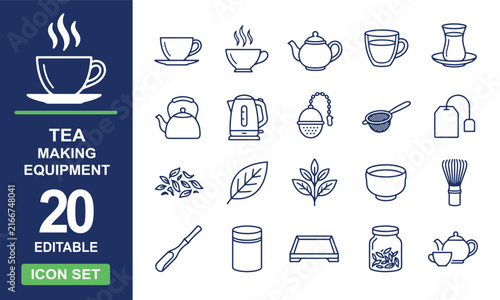 Tea making equipment and brewing accessories icon set vector
