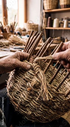Close-up macro photograph showing the intricate process of an artisan weaving a handmade natural fiber basket with rough wooden fingers
