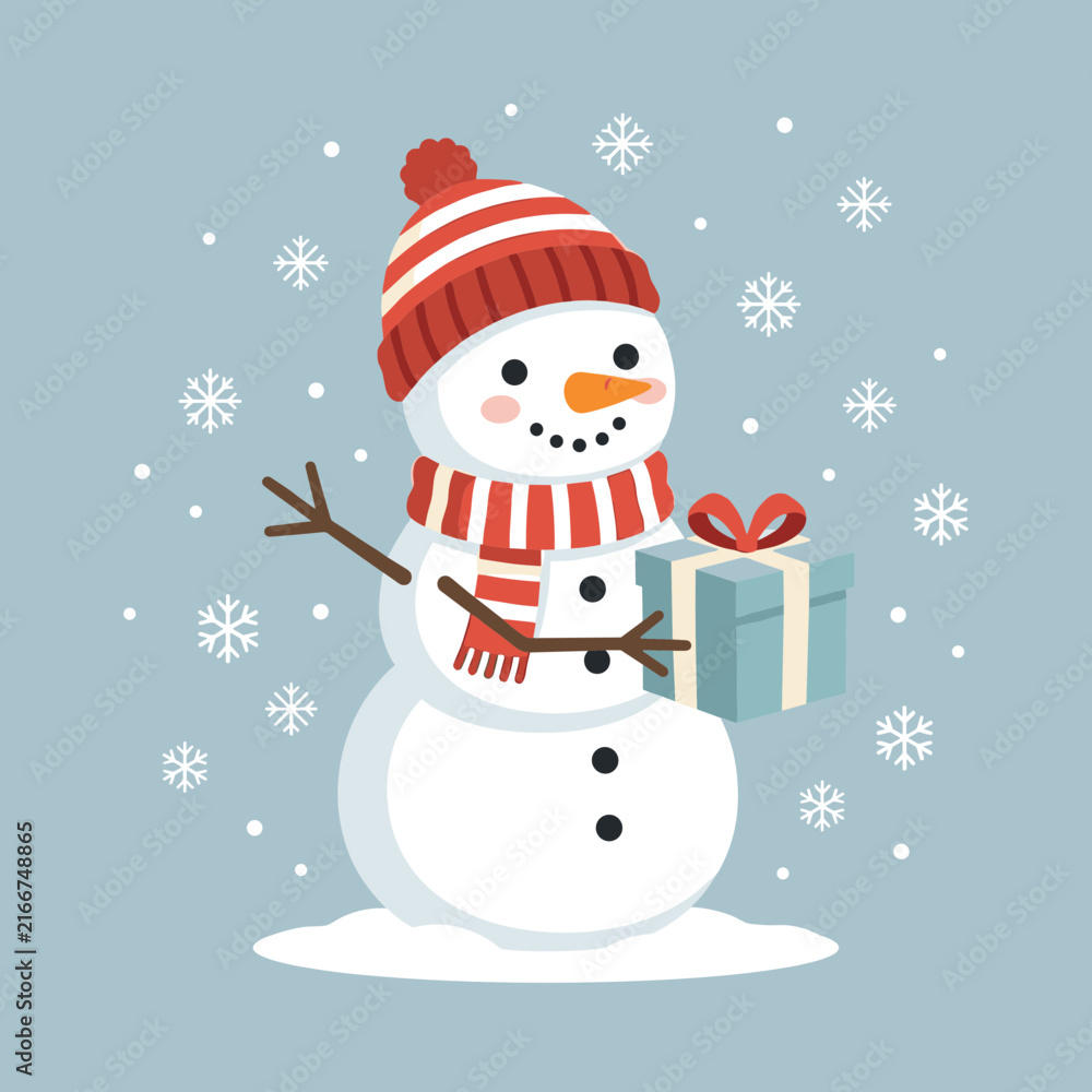 Fototapeta premium Cute festive snowman with gift box in winter snowfall illustration