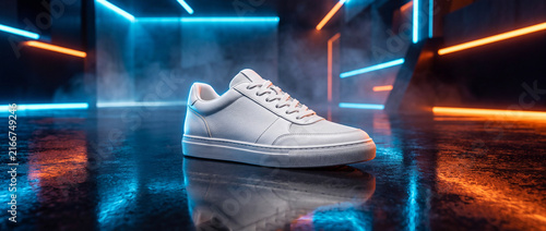 Modern minimalist white leather sneaker displayed in a futuristic studio setting with glowing neon blue and orange ambient light effects