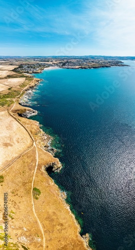 Panorama of Pentire Point and Bay over Padstow Bay from a drone, Polzeath, Cornwall, England, Summer 2026