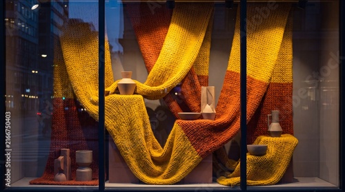 Modern storefront window display featuring cozy yellow and orange knitted blankets draped around minimalist ceramic vases and bowls under warm evening spotlighting.