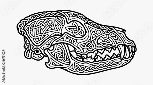 Quadro su tela Celtic knotwork wolf skull vector illustration featuring intricate Norse patterns, interlocking line art, Viking motifs, and runic symbols on a white background for graphic design