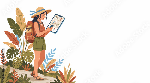 Woman traveler with backpack holding smartphone with map navigation vector illustration with copy space for ecotourism concept