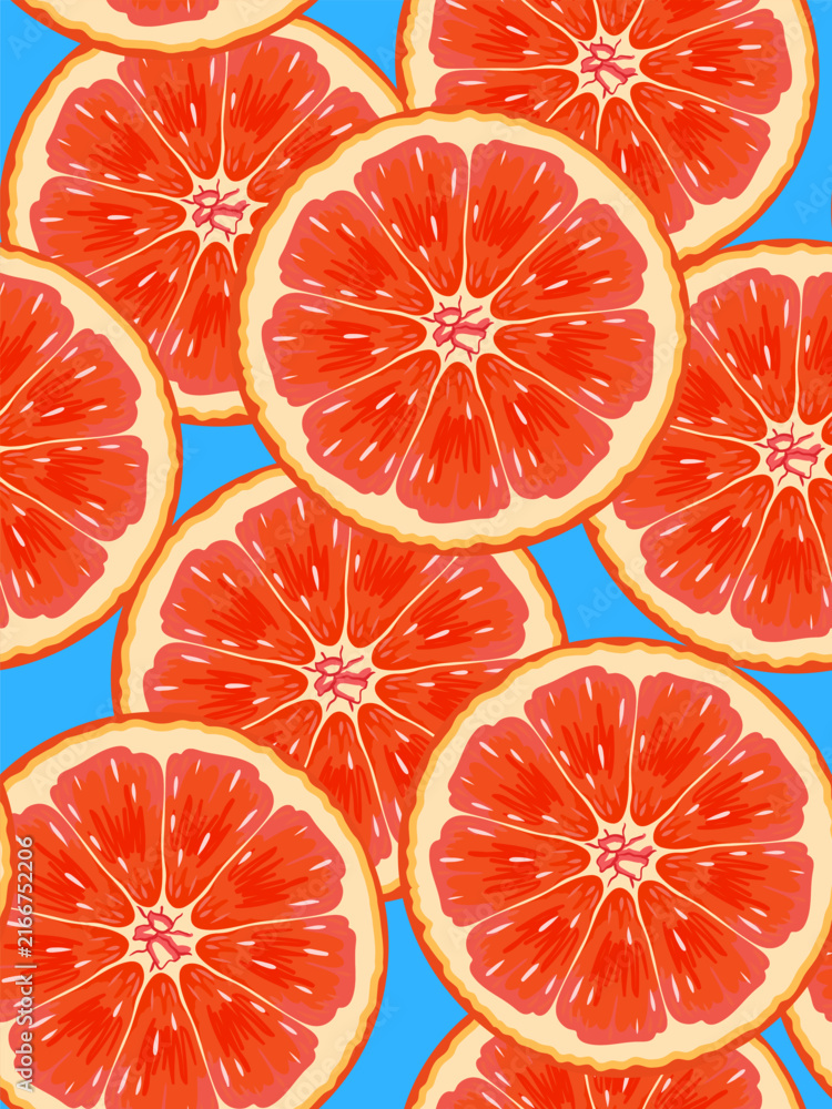 Fototapeta premium seamless pattern with red grapefruit slices on blue background juicy citrus fruit texture for summer design menu poster