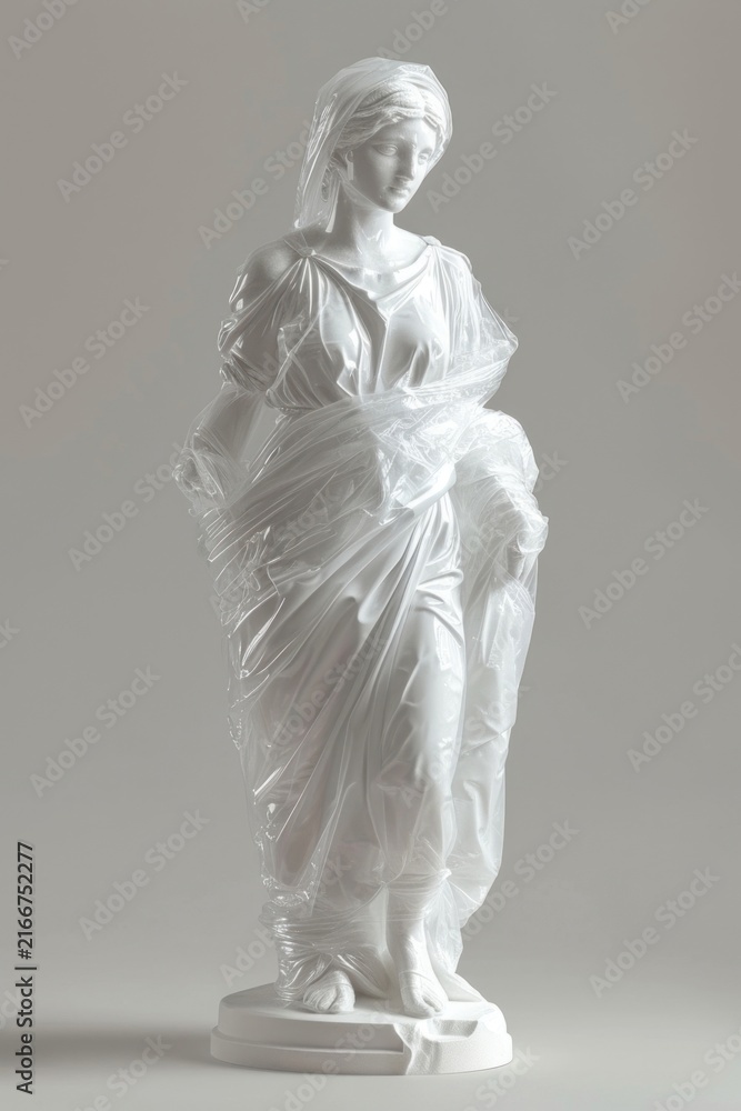 Fototapeta premium Plastic wrapping over classical woman statue sculpture figurine white.